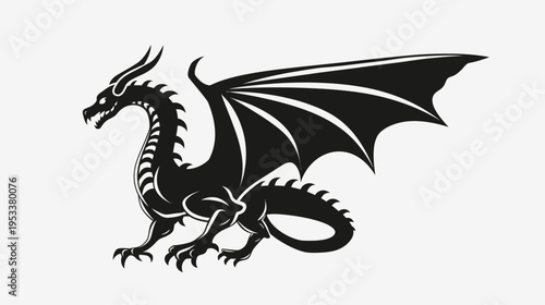 Black dragon silhouette with extended wings on white background vector