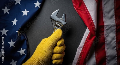 American hand holding wrench in front of flag