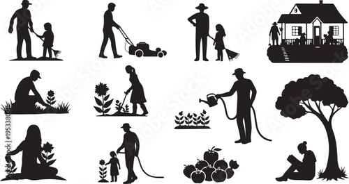 Silhouettes of people enjoying outdoor activities in various seasons and settings