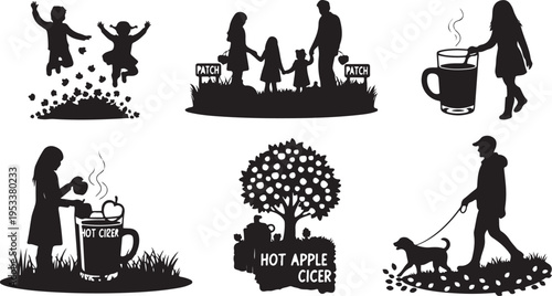 Silhouettes of people enjoying winter activities and drinks outdoors hot cider