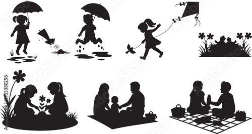 Silhouettes of people walking in rain and sitting by water with birds black silhouettes