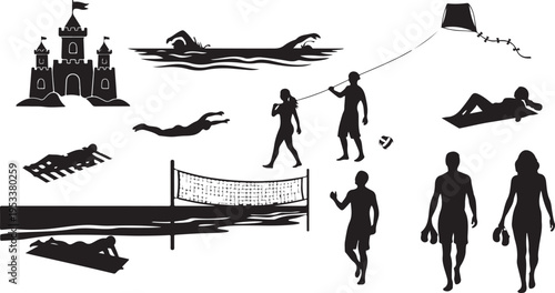 Silhouettes of people walking and flying with birds and airplanes in a city setting