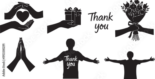 Thank you gestures with diverse symbols and people in black and white hand gesture