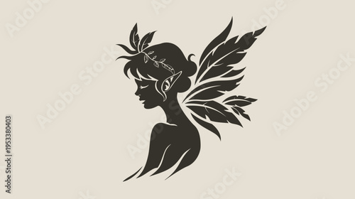 Silhouette of a fairy with wings and leafy crown on neutral background