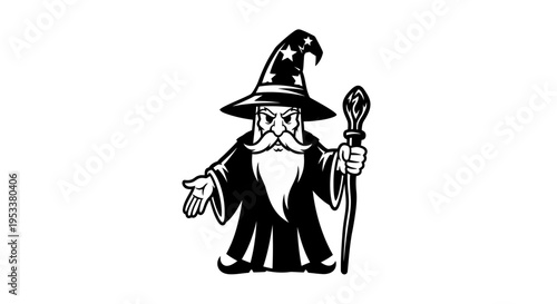 Black and white wizard illustration standing with a staff on white background