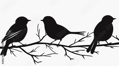 Three silhouette birds perched on a branch against a white backdrop