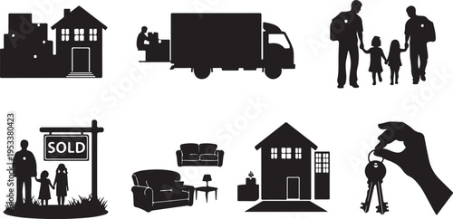 Black and white of house sale and moving process steps home building family couple