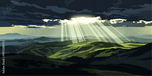Sun Rays Breaking Through Clouds Over Mountain Valley Vector Illustration