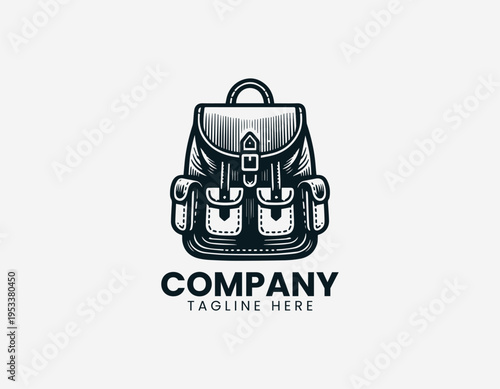 Classic backpack with front pockets black vector logo illustration isolated on white background
