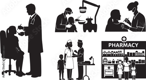Black and white of pharmacy and medical consultation scenes doctor patient pharmacist