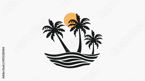 Palm trees silhouette with sun and waves vector illustration