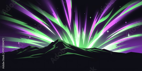 Aurora Borealis Night Sky Over Mountains Vector Illustration Colorful Northern Lights