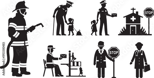 Black and white of police officers and stop signs in various scenes uniform badge