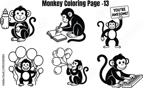 Monkeys engaging in various activities coloring page 1