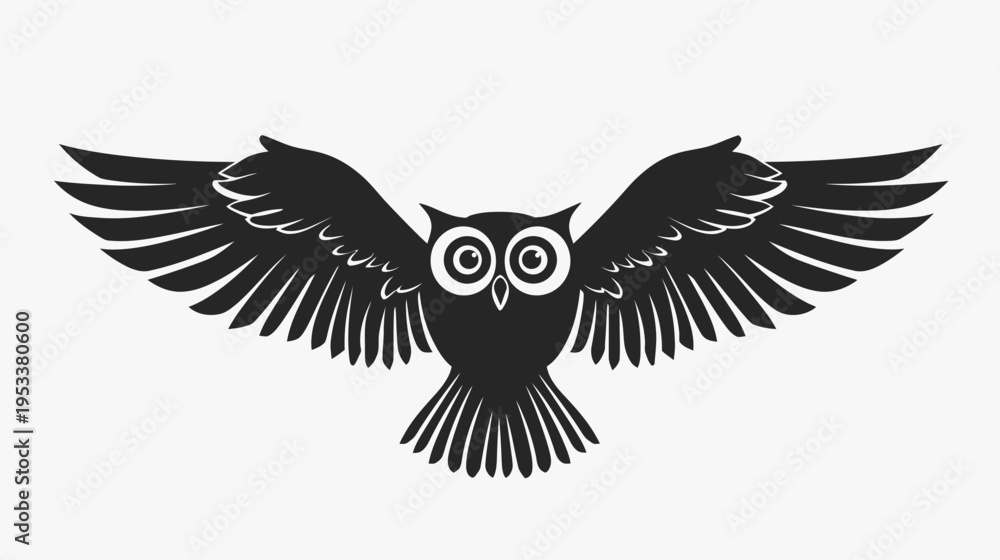Fototapeta premium Black and white owl silhouette with outspread wings against white background