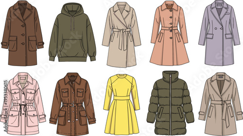 Women clothing collection vector, coats jackets hoodie dress set, fashionable outerwear apparel illustration, modern wardrobe outfit design isolated bundle