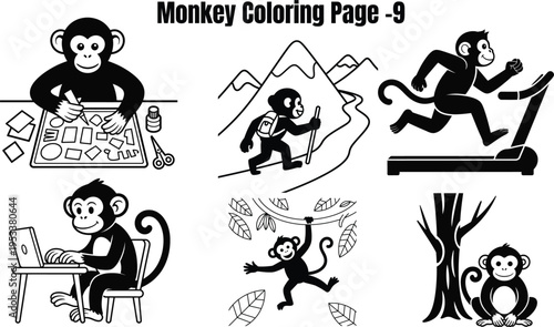 Monkeys engaging in various activities on coloring page
