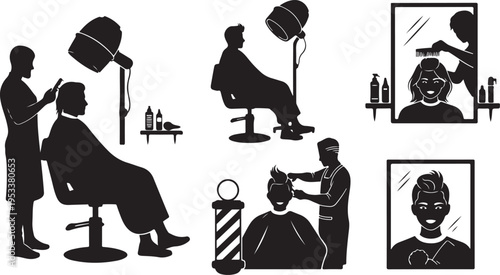 Black silhouette of people working on laptops and phones in various settings black silhouettes