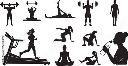 Black silhouette of various human activities and exercises black silhouettes human figures