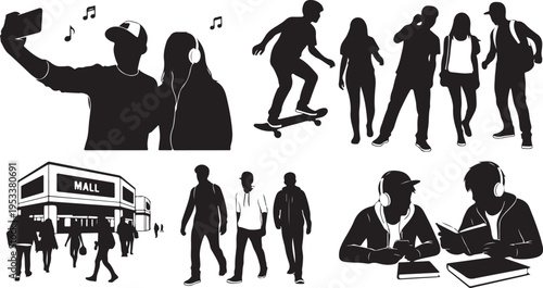 Black silhouette people dancing shopping and dining in modern mall and restaurant