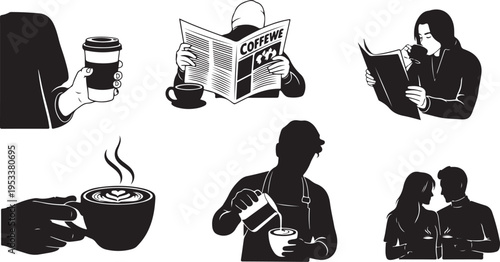 Black silhouette scenes of people drinking coffee and smoking cigarettes coffee cup