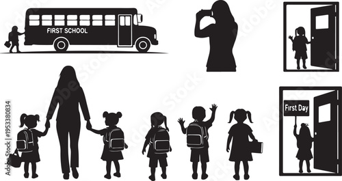 Children in silhouette boarding school bus on first day of school back to school