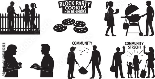 Diverse community activities and neighborly gestures in flat style neighbors block party