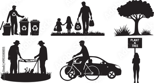 Ecofriendly lifestyle choices illustrated with recycling and biking scenes sustainability