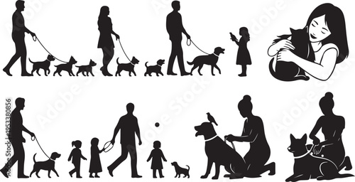 Evolution of human and animal silhouettes from primitive to modern times with a dreaming cat