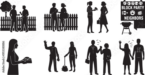 Diverse group of people at a neighborhood block party socializing and dancing neighbors