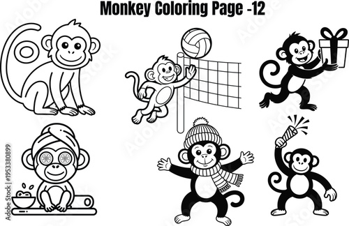 Monkeys in various activities cartoon coloring page