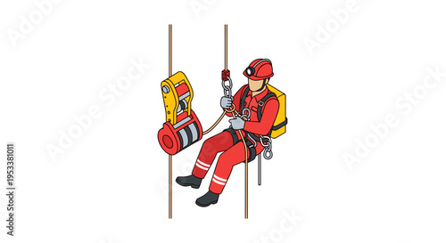 Rescuer in red uniform rappelling with safety equipment and backpack.