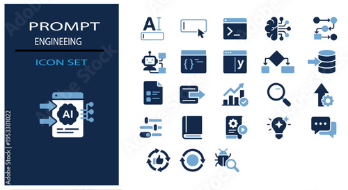 Flat lay prompt engineering icon set with AI technology and digital innovation concepts on dark blue background