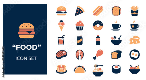 Flat design food icon set collection with fast food, beverages, and dining elements on dark background