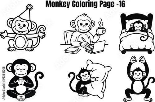 Monkeys in various poses and activities cartoon black and white