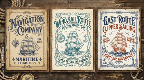 Vintage Nautical Typography Logos – Retro Sailing Badge and Maritime Design Set