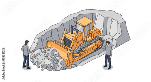 Isometric illustration of a bulldozer working in a rock quarry with two workers observing.