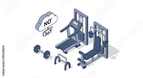 Isometric Gym Equipment with Cloud and IoT Text.
