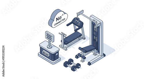 Isometric Gym Equipment with Treadmill, Weight Machine, and Dumbbells.