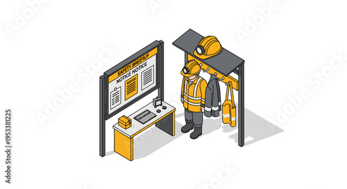 Isometric illustration of a construction site safety station with personal protective equipment and information board.