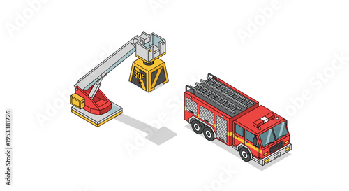 Isometric Fire Truck and Crane Illustration for Emergency Services.