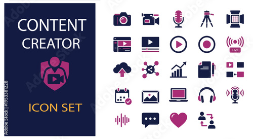 Flat lay content creator workspace with digital media and social media icons on dark background