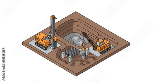 Isometric illustration of a construction site with heavy machinery and foundation work.
