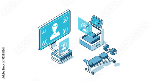 Isometric illustration of a digital fitness and health tracking system with a monitor, treadmill, and weight bench.
