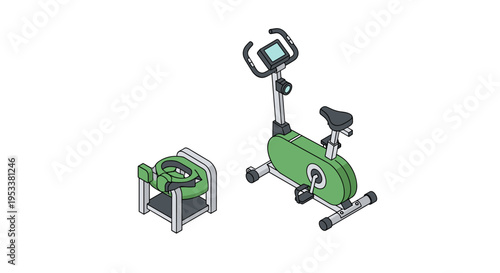 Isometric illustration of a green exercise bike and a green foot spa for relaxation and fitness.