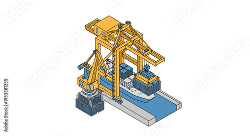 Isometric illustration of a gantry crane loading bulk cargo onto a conveyor belt system.