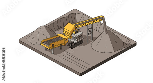 Isometric illustration of a gravel processing plant with conveyor belts and piles of aggregate.