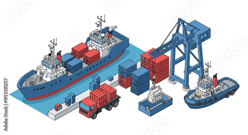 Isometric illustration of a bustling cargo port with ships, containers, and trucks.
