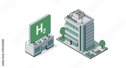Isometric illustration of a modern building and a hydrogen fuel station.
