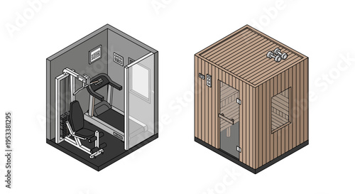 Isometric illustration of a home gym and a sauna room.